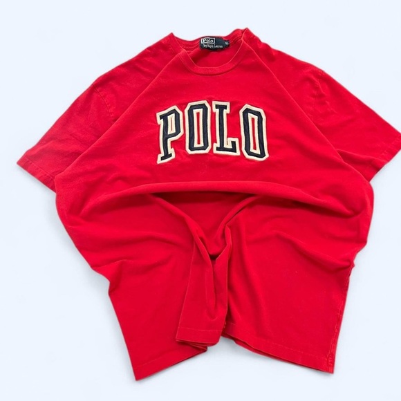Vintage Red Polo Ralph Lauren Embroidered Spell Out T-shirt - Picture 1 of 8